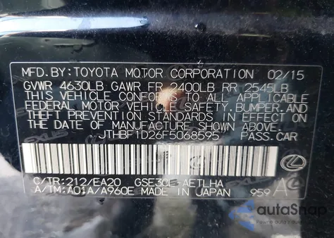2015 Lexus Is 250 from USA, damaged, VIN JTHBF1D26F5068595